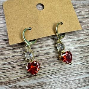 Yellow Gold Dangle Drop Earrings with Red Crystal Hearts